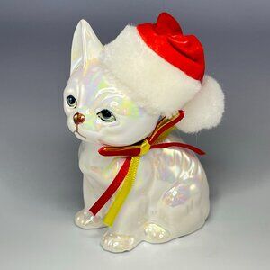 Enesco Iridescent White Christmas Cat Figurine Santa Hat Vintage Taiwan 1988